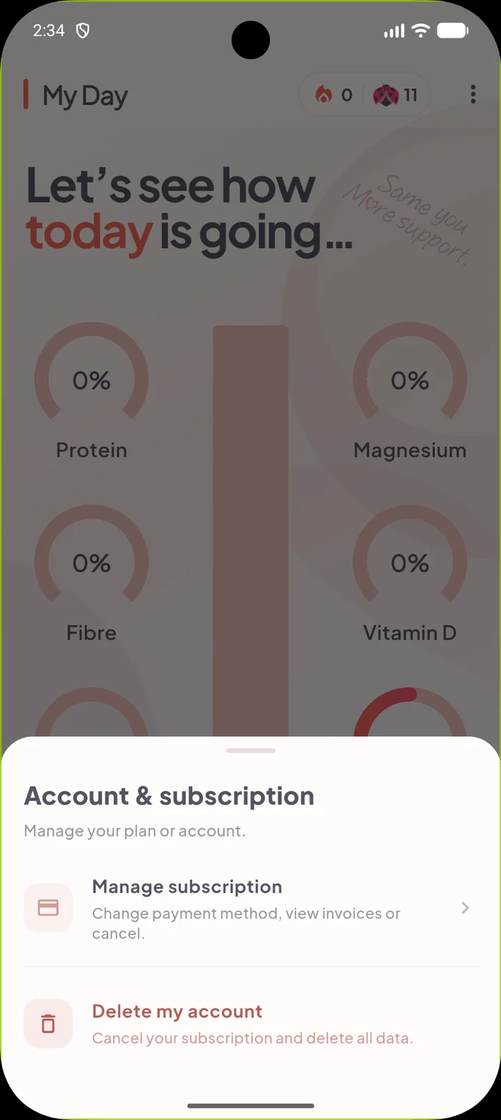 Android Ladybug Account and subscription sheet with Manage subscription and Delete my account options.