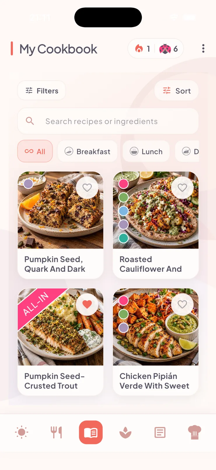 Ladybug 1.2.0 app: My Cookbook: saved recipes with filters and sorting.