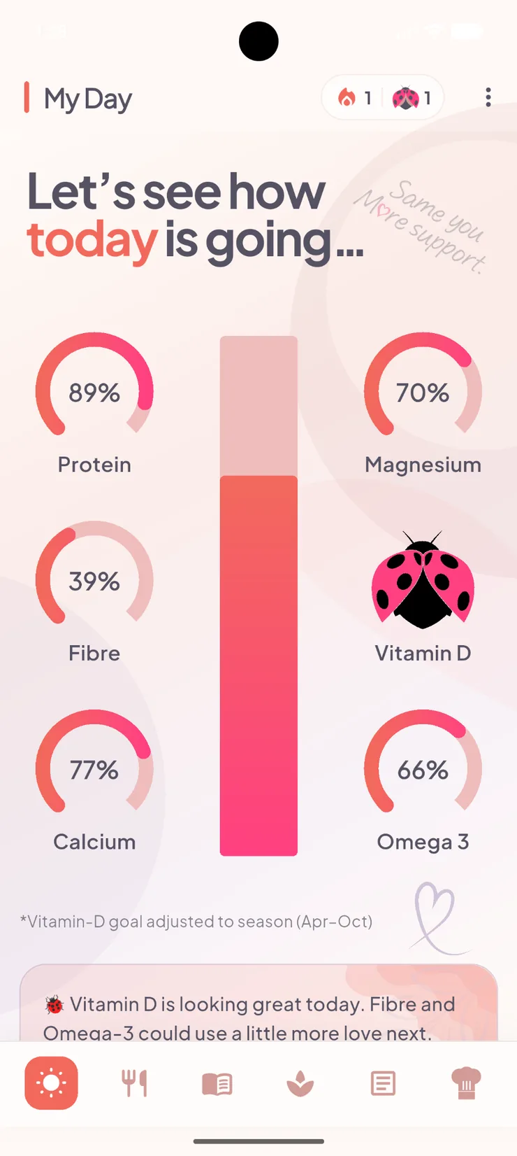 Ladybug 1.2.0 app: My Day: your six nutrient indicators and today’s overall picture.
