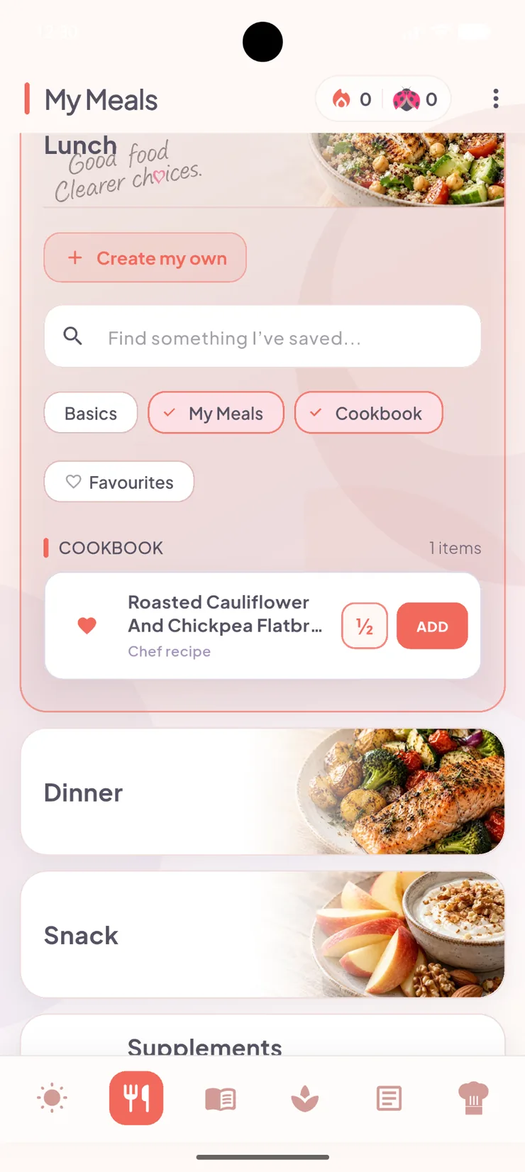 Ladybug 1.2.0 app: My Meals: eating occasions, sources and the half-portion / ADD actions.