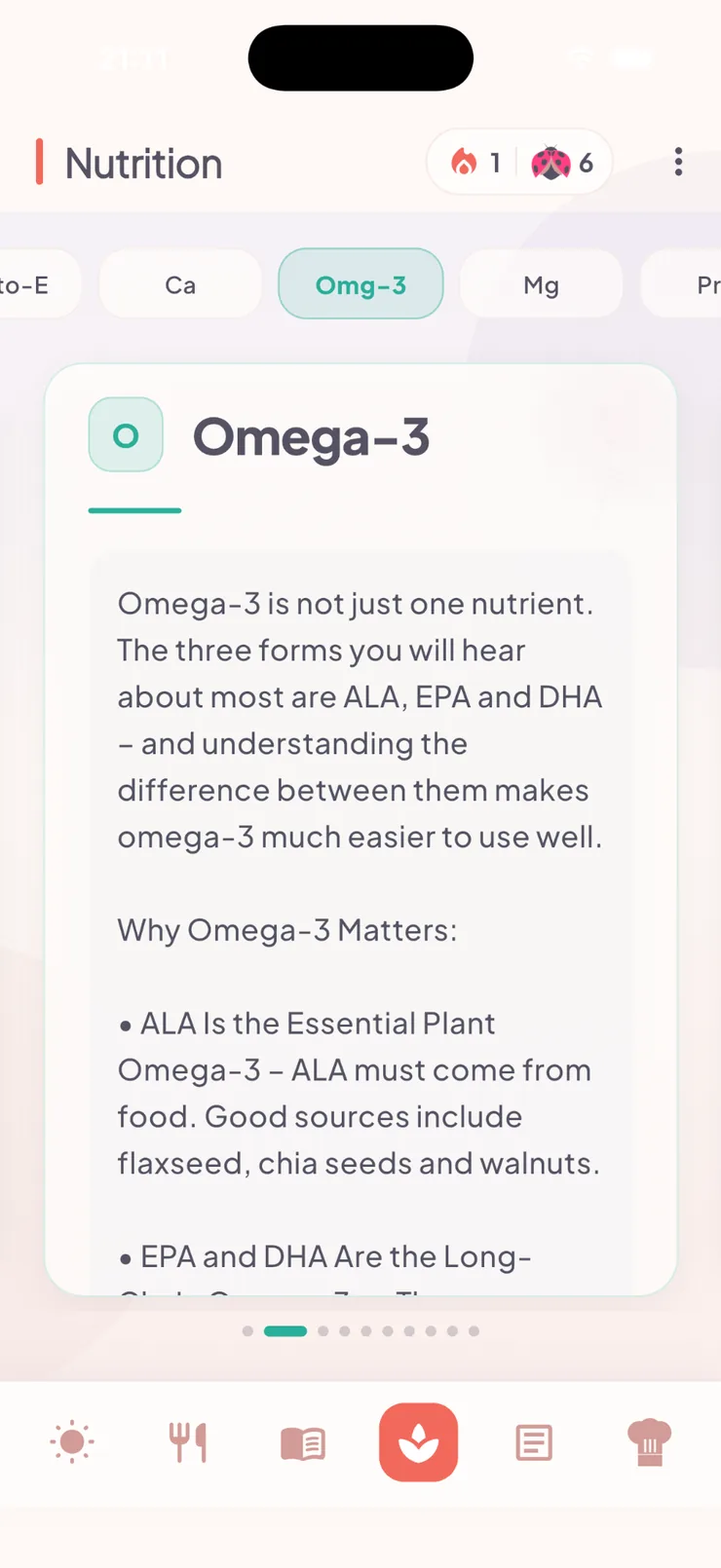 Ladybug 1.2.0 app: The Nutrition library explains the different forms of Omega-3.