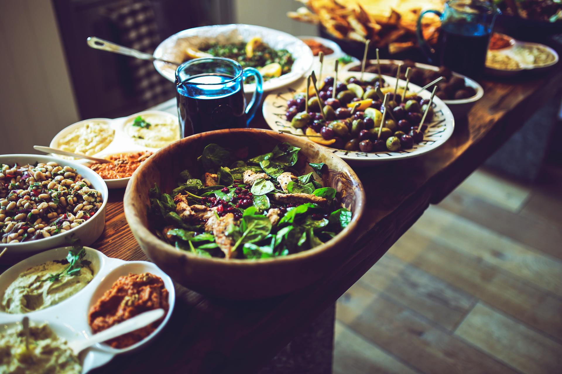 Mediterranean table with bowls of fresh food